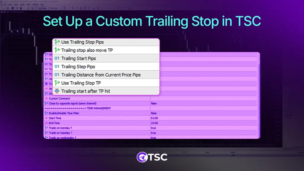 Step-by-step view of setting a custom trailing stop in Telegram Signal Copier (TSC) for managing risk and locking forex trading profits.