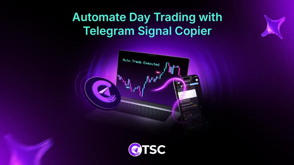 Automated day trading setup using a Telegram signal copier connected to trading platforms, displaying real-time signal copying from Telegram to live market charts.