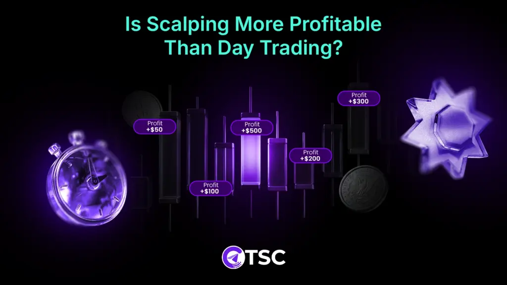 Is scalping more profitable than day trading illustrated with candlestick charts showing multiple small profits versus fewer larger gains.